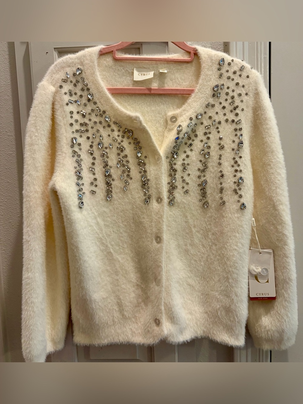 NWT CYRUS Cream Embellished Fuzzy Button-Front Sweater Women’s Size XS